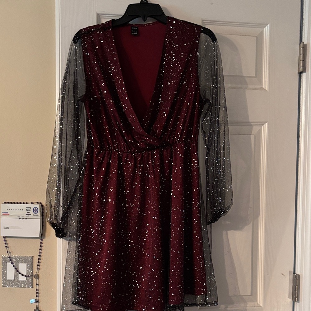 SHEIN Burgundy Dress with Glittering Black Sleeves